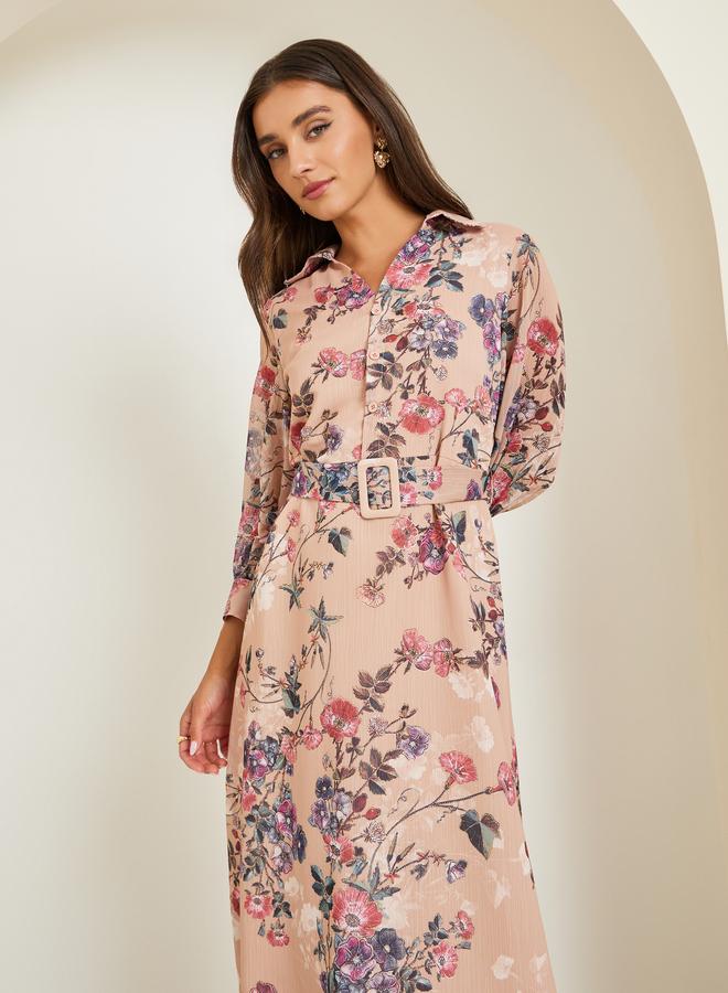 Women Beige Floral Maxi Dress with Belt